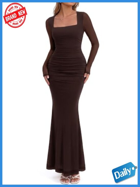 Dresses & Skirts - Long Sleeve Ruched Bodycon Maxi Dress Square Neck Women's Cocktail Party